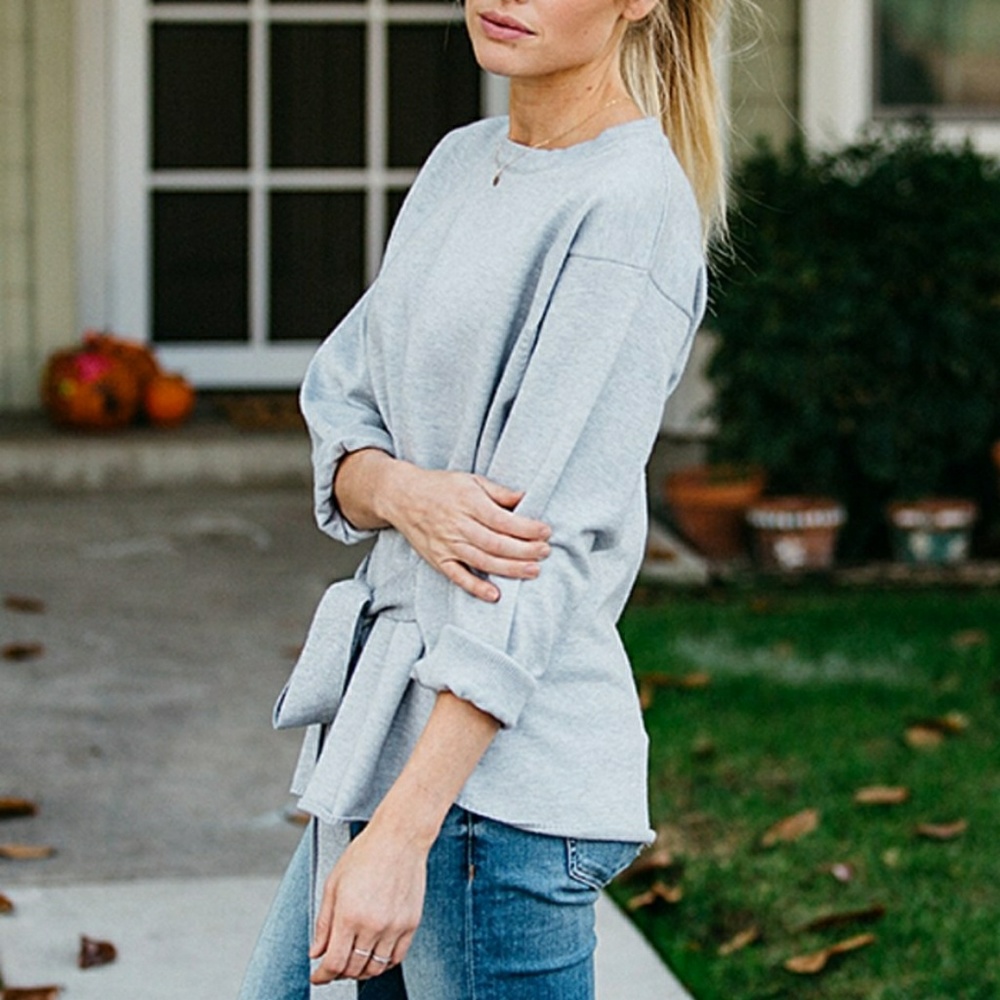 ❣5🌟❣Heather Gray Tie Accent Sweater❣ - Picture 2 of 4